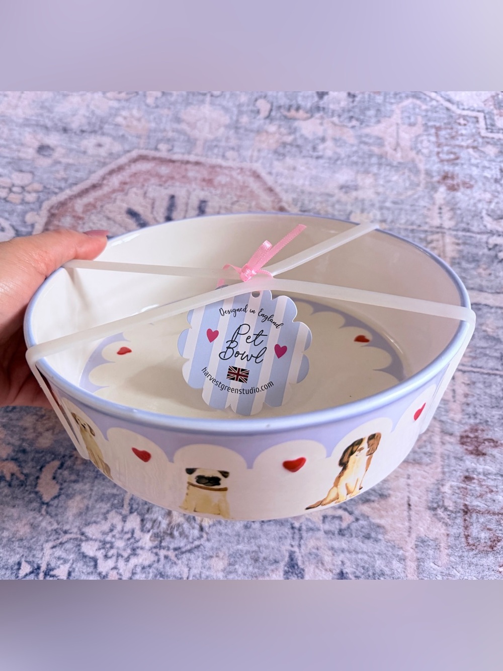 Harvest Green Studio Cream & Lavender Dog Bowl with Red Heart Accents